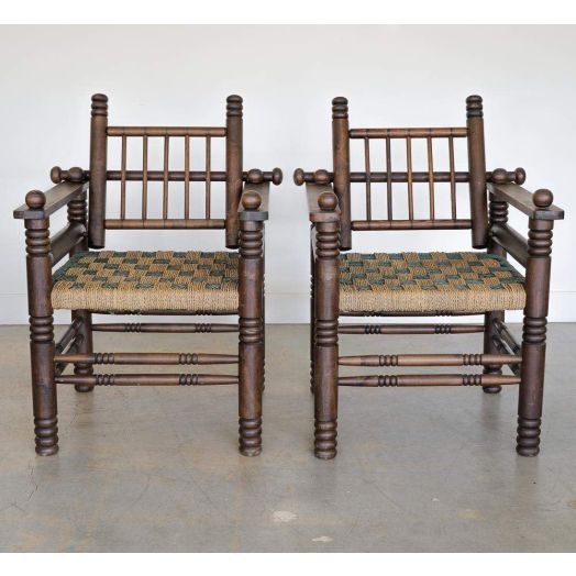 Pair of 1940's Oak and Woven Lounge Chairs by Charles Dudouyt