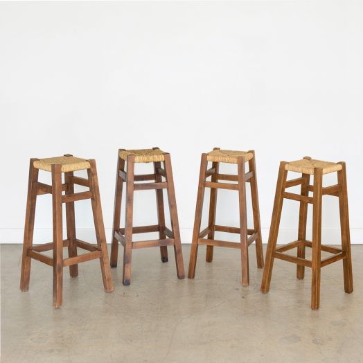 French Woven and Wood Bar Stools, Set of 4
