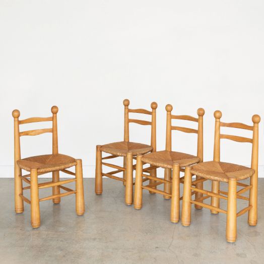 Set of Four French Wood and Woven Chairs
