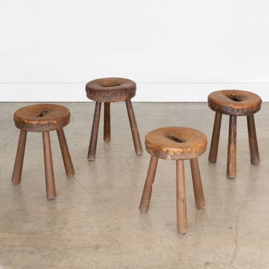 French Wood and Leather Tripod Stool