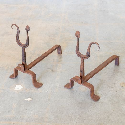 Pair of French Iron Rooster Andirons by Atelier Marolles