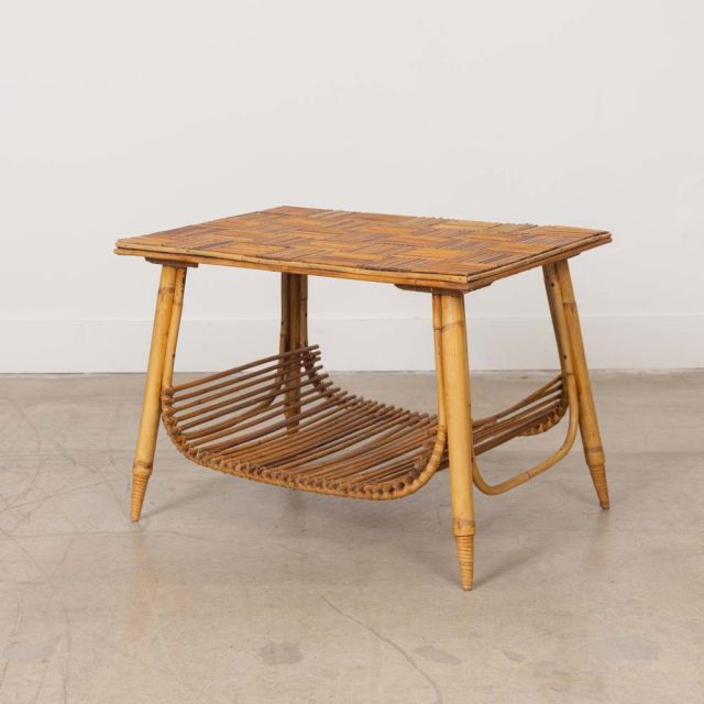 French Rattan Side Table by Audoux Minet