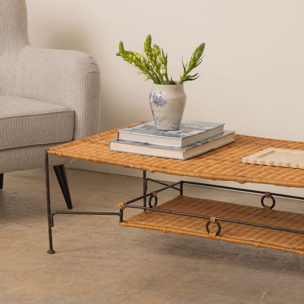 French Wicker and Iron Coffee Table