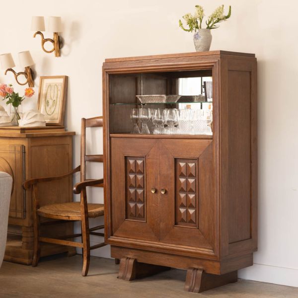 French Carved Wood Bar Cabinet by Charles Dudouyt