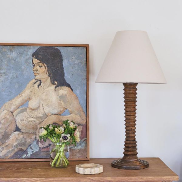 Large French Carved Wood Table Lamp by Charles Dudouyt