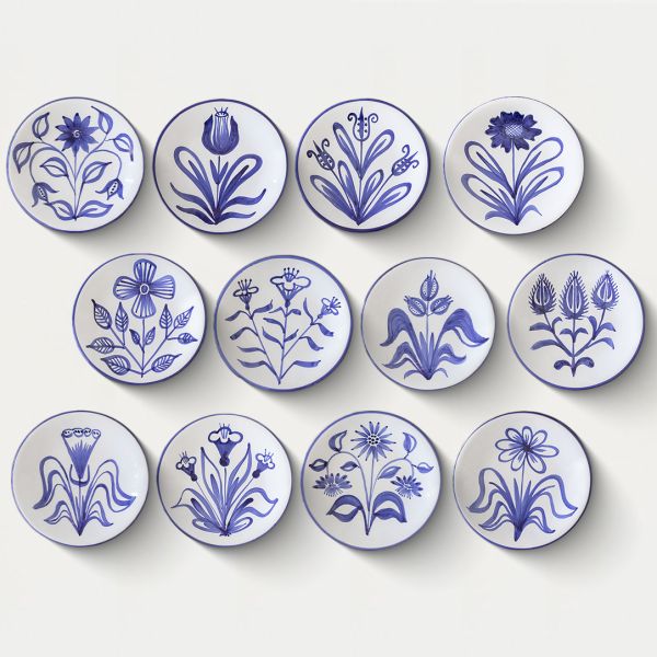French Ceramic Painted Flower Plates by Robert Picault, Set of 12