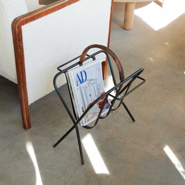 Iron and Leather Magazine Rack in the Style of Jacques Adnet