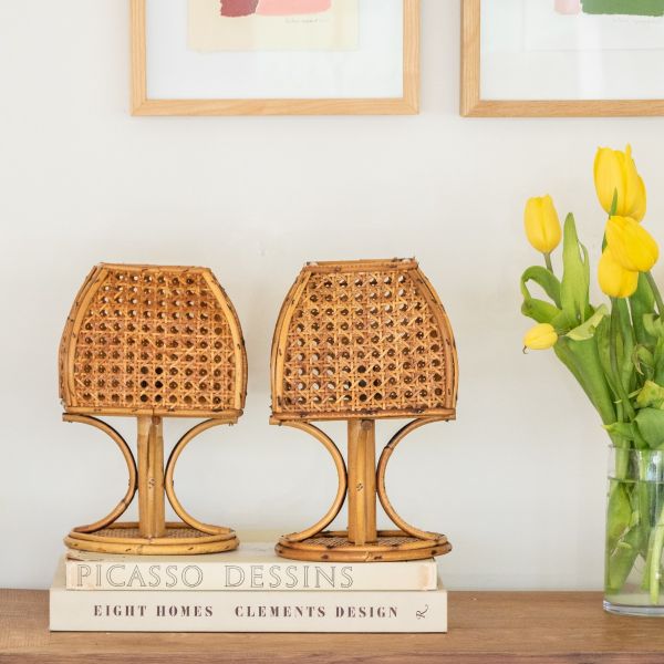 Pair of Italian Cane and Bamboo Lamps