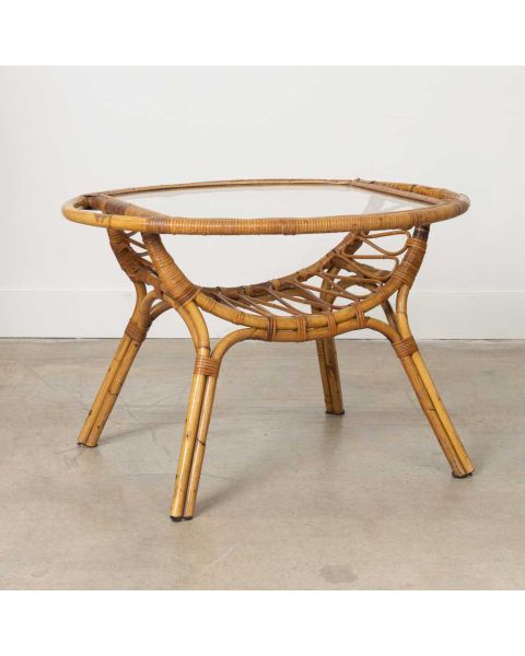 Italian Rattan and Glass Gueridon Table