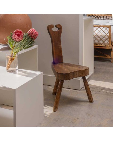 French Brutalist Carved Wood Tripod Chair