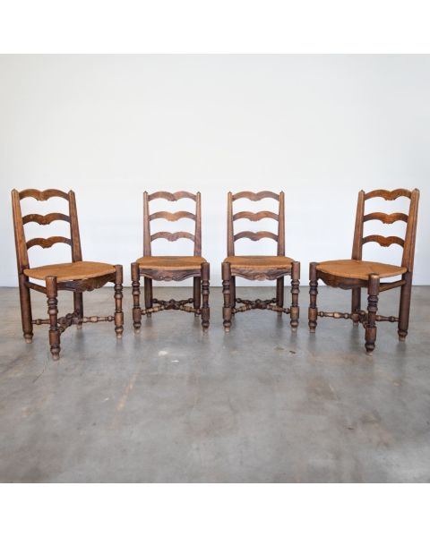 French Carved Wood and Woven Chairs, Set of 4