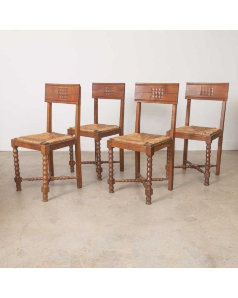 French Carved Wood and Woven Chairs, Set of 4