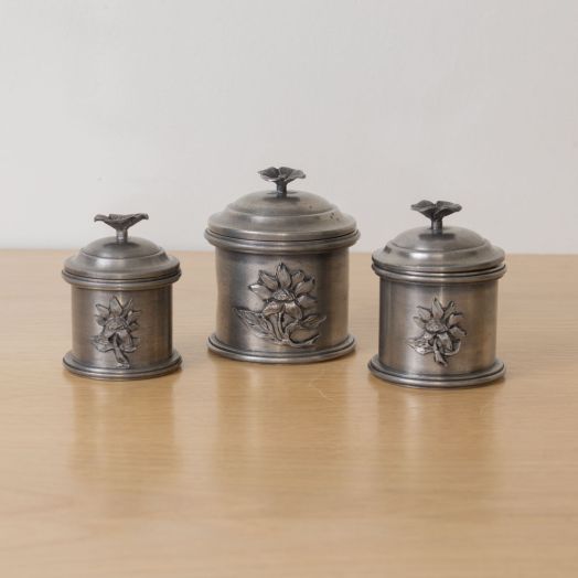 French Pewter Floral Canisters, Set of 3