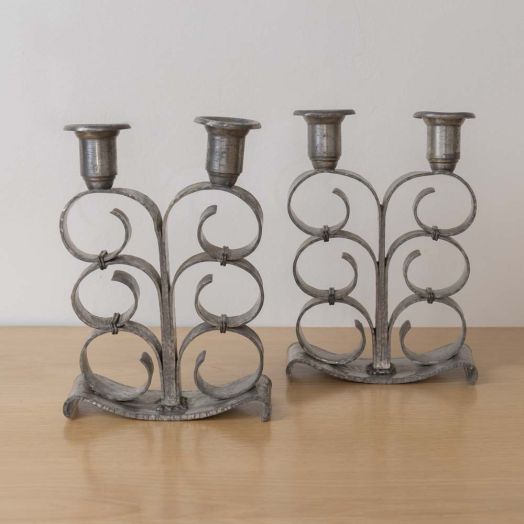 Pair of French Pewter Scroll Candlesticks
