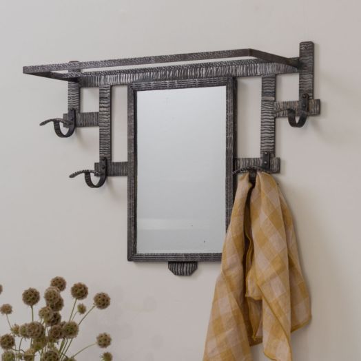 French Art Deco Iron Wall Rack with Mirror
