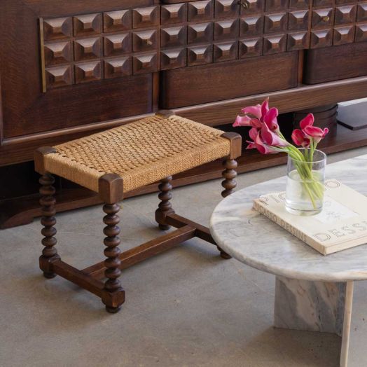 French Wood and Woven Bobbin Stool