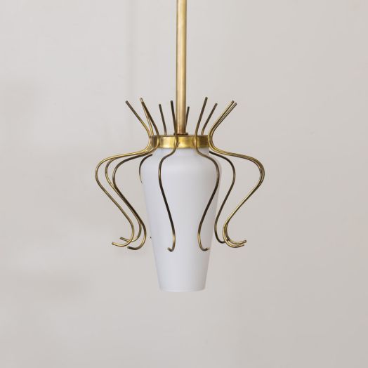 Italian Brass and White Glass Pendant Light
