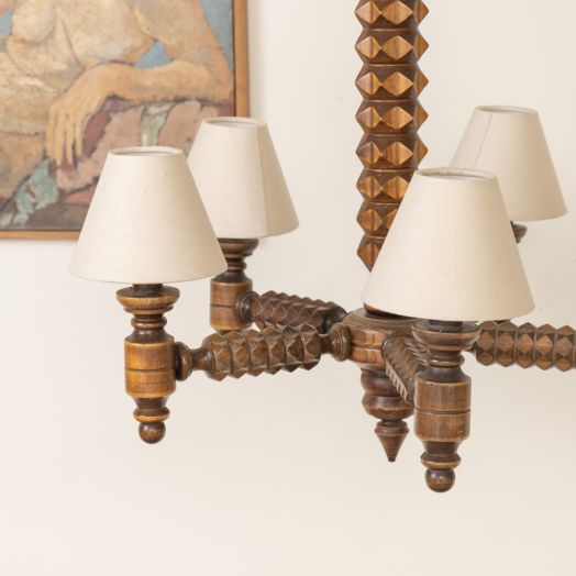 1940s Carved Wood Chandelier by Charles Dudouyt