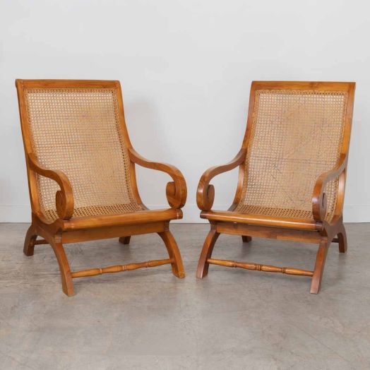 Pair of French Sculptural Wood and Cane Chairs