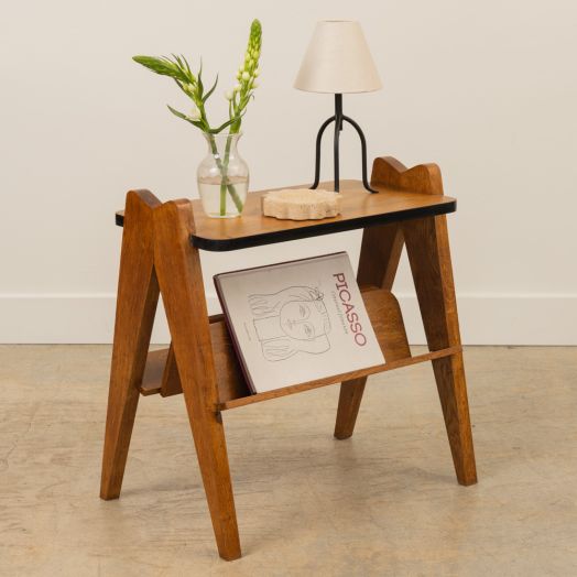French Oak Side Table with Bookshelf