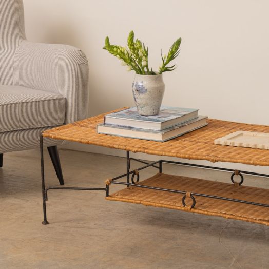 French Wicker and Iron Coffee Table