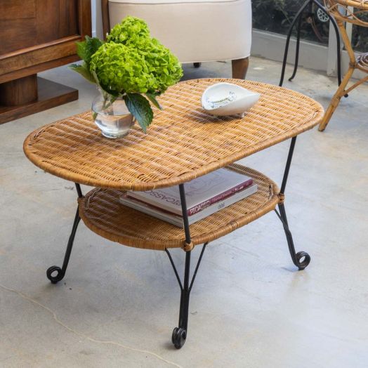 French Wicker and Iron Coffee Table