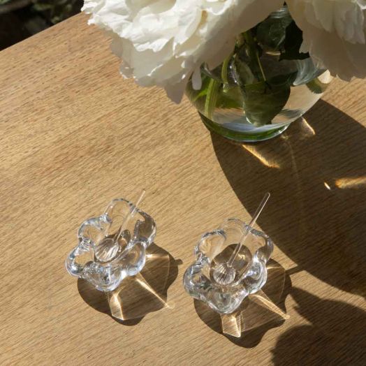 French Daum Crystal Fleur Salt Cellars with Shell Spoons, Signed