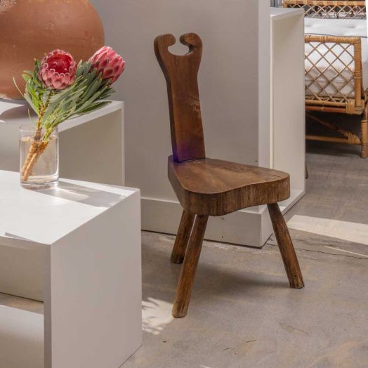 French Brutalist Carved Wood Tripod Chair