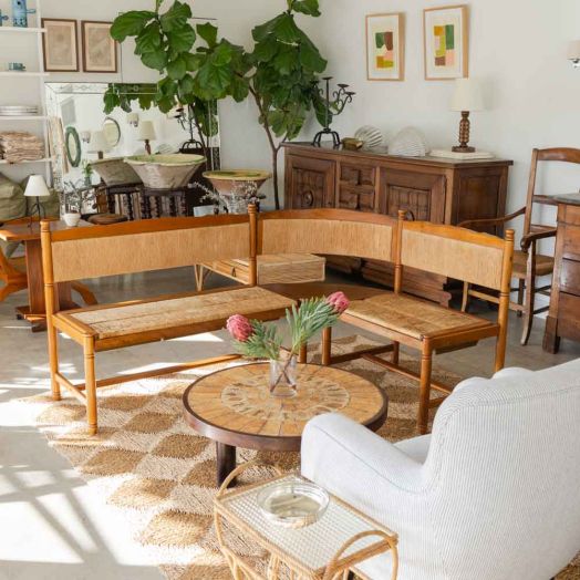 Curved Wood and Woven Banquette Bench, France 1950s