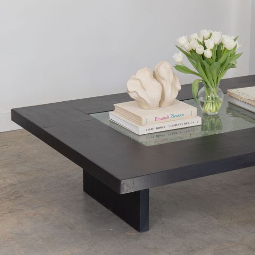 Large French Black Slate and Glass Coffee Table
