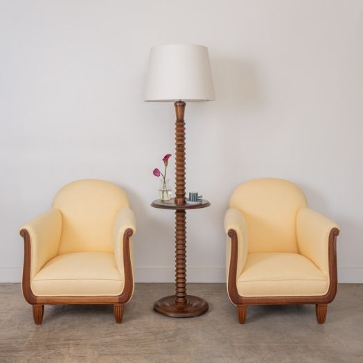 French Carved Wood Floor Lamp and Table by Charles Dudouyt