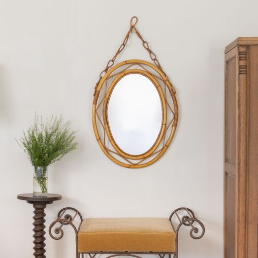 Large Italian Rattan Oval Mirror