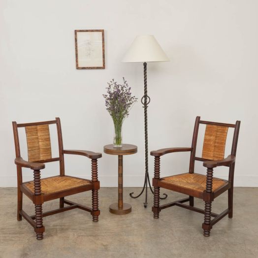 Pair of French Wood and Woven Chairs by Charles Dudouyt