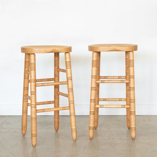 Vintage French Oak Bar Stools, Pair