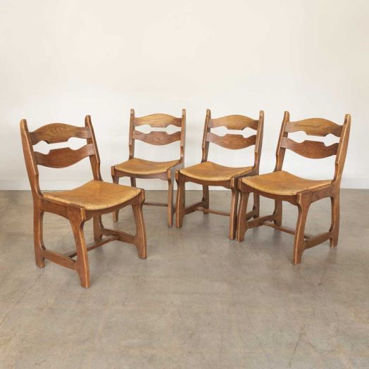 Oak and Woven Dining Chairs in the style of Guillerme & Chambron, Set of 4