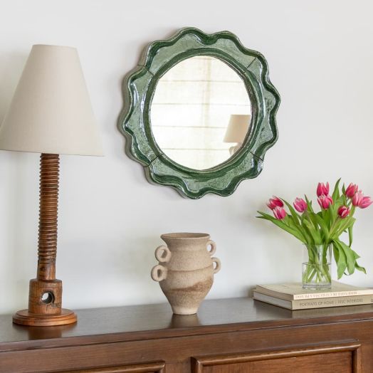 Circular Ceramic Wavy Mirror, Green