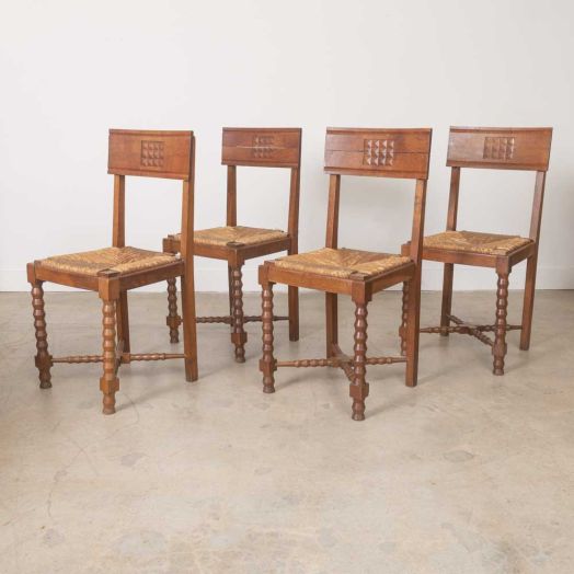 French Carved Wood and Woven Chairs, Set of 4